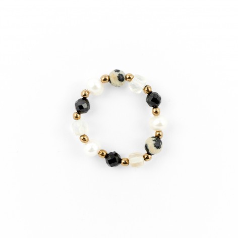 Ring made of gold Hematites, Tourmaline, River Pearl, Dalmatian stone and Mountain Crystal - 1