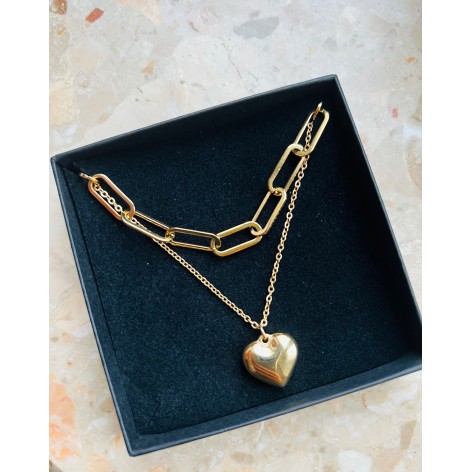 Unique gilded double necklace with chain and heart