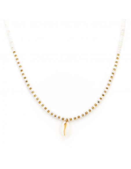 Creamy and gold necklace with Kauri shell - 1