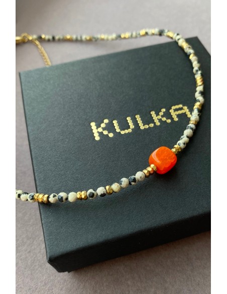Dalmatian stone with orange Agate - necklace made of natural stones - 1