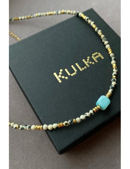 Dalmatian stone with aquamarine Agate - necklace made of natural stones - 1