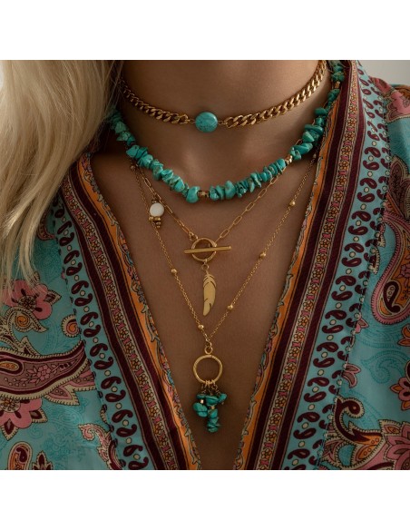 Gilded long necklace with boho plume made of Turquoise - 3