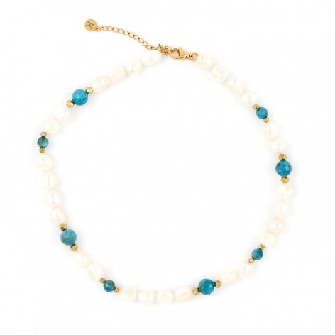 Short necklace made of river Pearls and azure Apatite - Saint-Tropez - 1