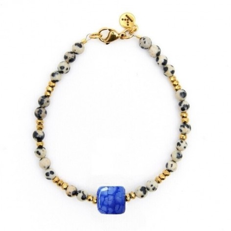 Kamień dalmatyński z kostką niebieskiego Agatu - bransoletka z kamieni naturalnych