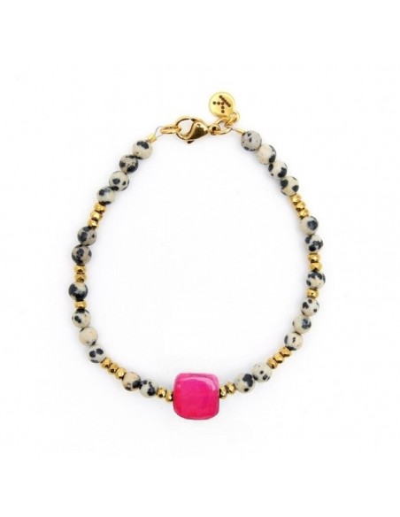Dalmatian stone with pink Agate cube - bracelet made of natural stones - 1