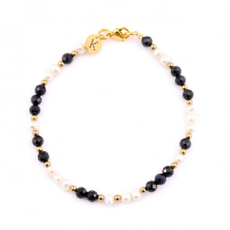 Bracelet made of tiny Pearls (4mm) with black Spinel (mix with hematite) - 1