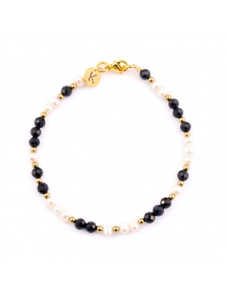 Bracelet made of tiny Pearls (4mm) with black Spinel (mix with hematite) - 1