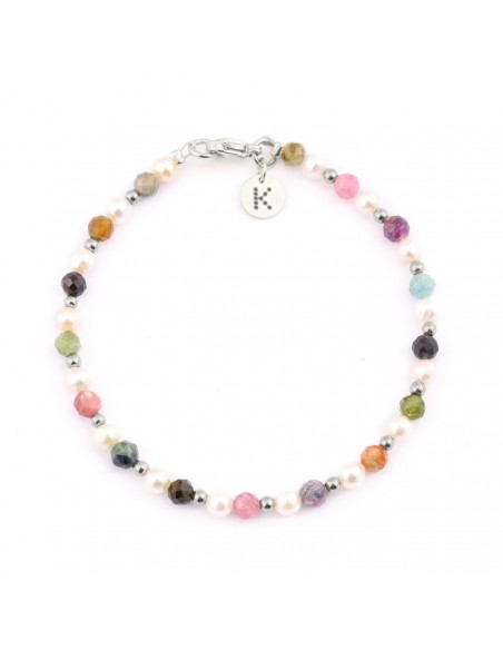 Bracelet made of tiny Pearls (4mm) with colorful Tourmaline (mix with hematite) - 2