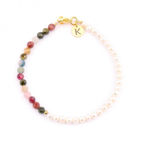 Bracelet made of tiny Pearls (4mm) with colorful Tourmaline - 1