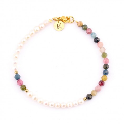Bracelet made of tiny Pearls (4mm) with colorful Tourmaline (asymmetric) - 1