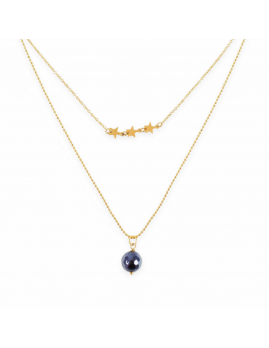 Gilded double necklace with stars and navy Agate - 1