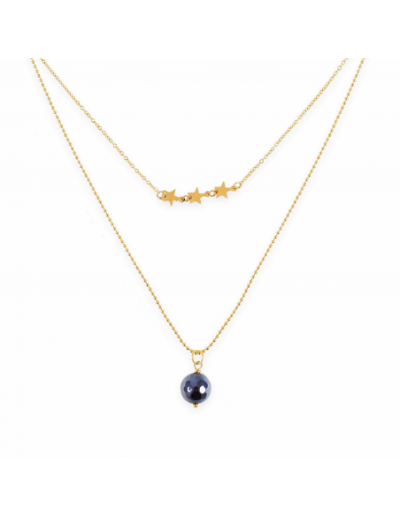 Gilded double necklace with stars and navy Agate - 1