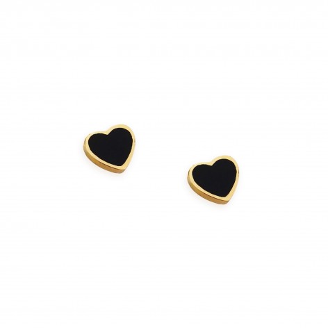 Black heart stud earrings with a gold-plated rim - 1