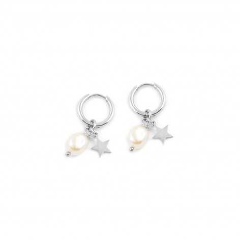 Pearl with a star - stainless steel hoop earrings (silver version) - 1