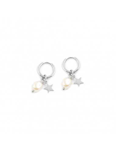 Pearl with a star - stainless steel hoop earrings (silver version) - 1