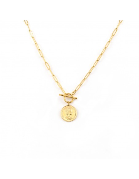 Gold plated chain necklace with toggle and coin - 1