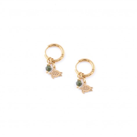 Turtles with green tourmaline - gold-plated stainless steel hoop earrings - 1